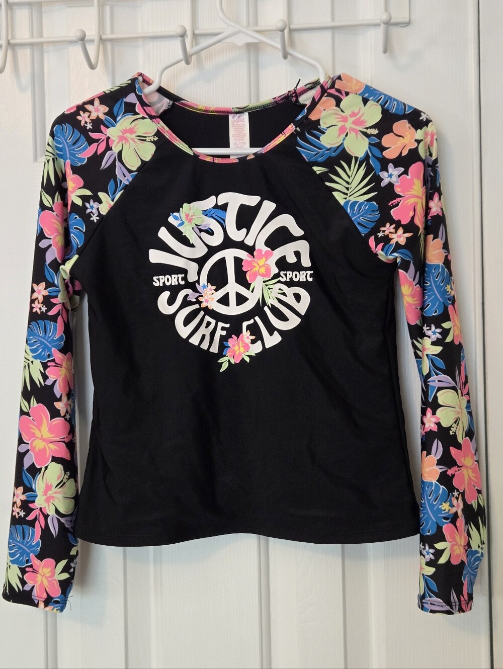 Justice Black Floral Rash Guard Swim Shirt Long Sleeve Size XL